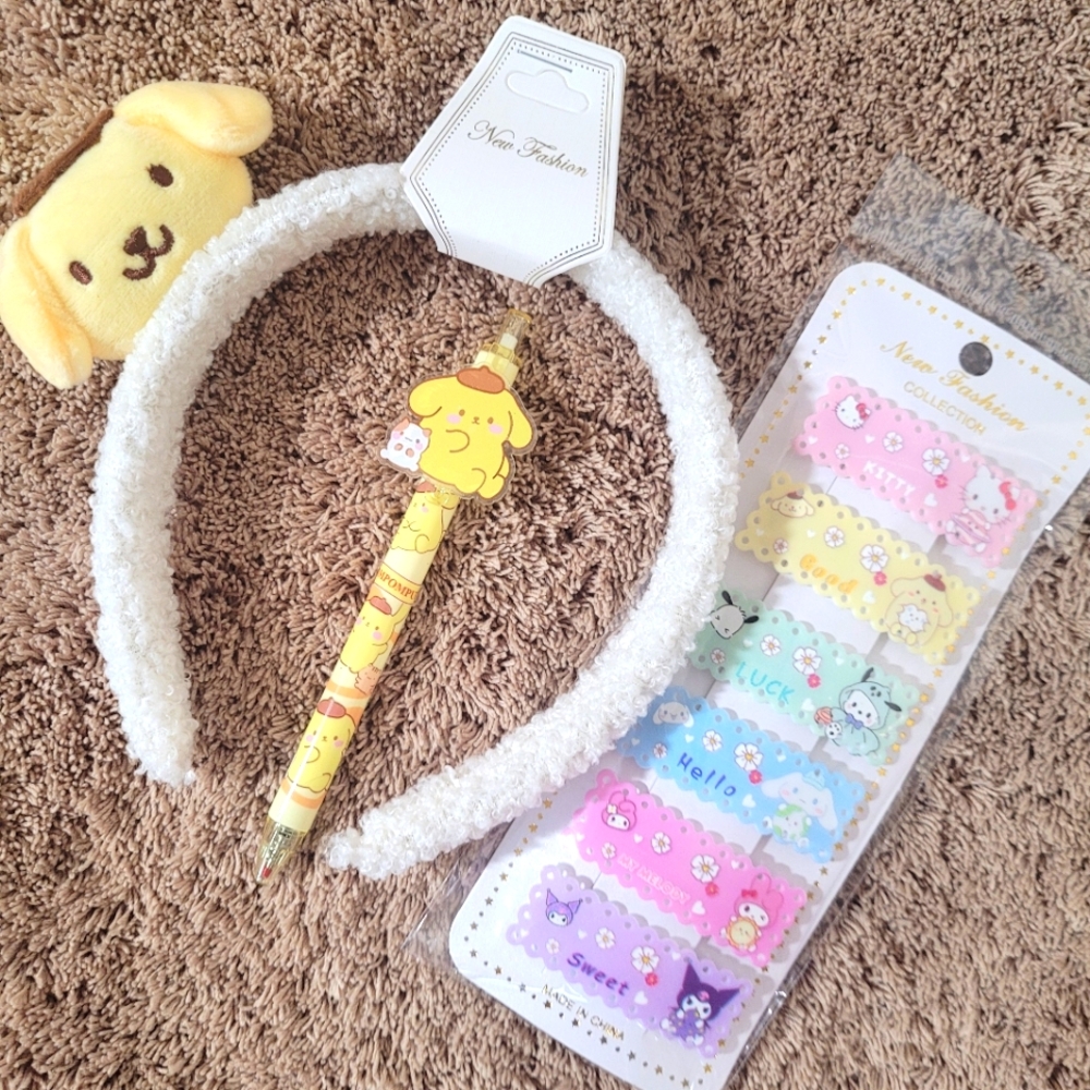 Set of 3 cute Pompompurin accessories includes headband, pencil and hair clip.